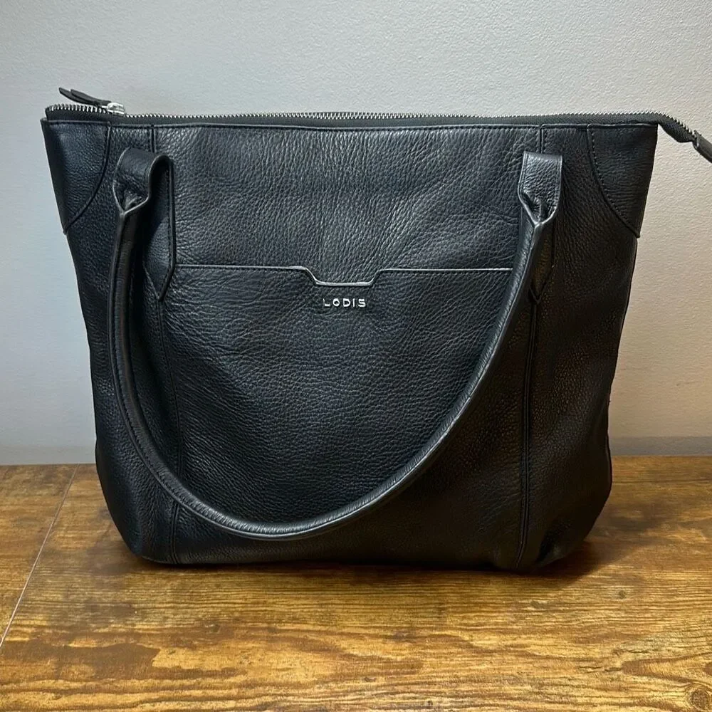 Lodis Black Leather Pebble Tote with Dual Straps